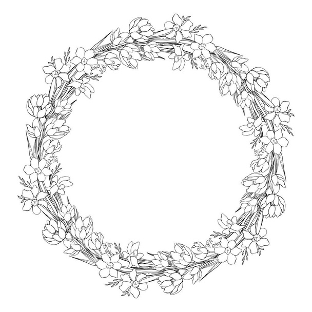 A wreath of wildflowers. Line art. Decorative isolated element for design. - Vecteur, image