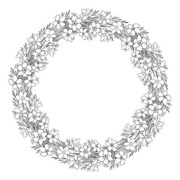 A wreath of wildflowers. Line art. Decorative isolated element for design. - Vector, imagen