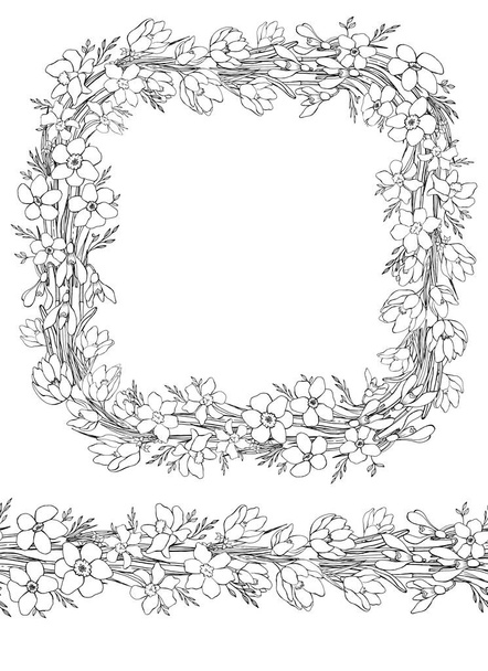 Frame and seamless border of wildflowers. Line art. Decorative isolated element for design. - Vector, Image
