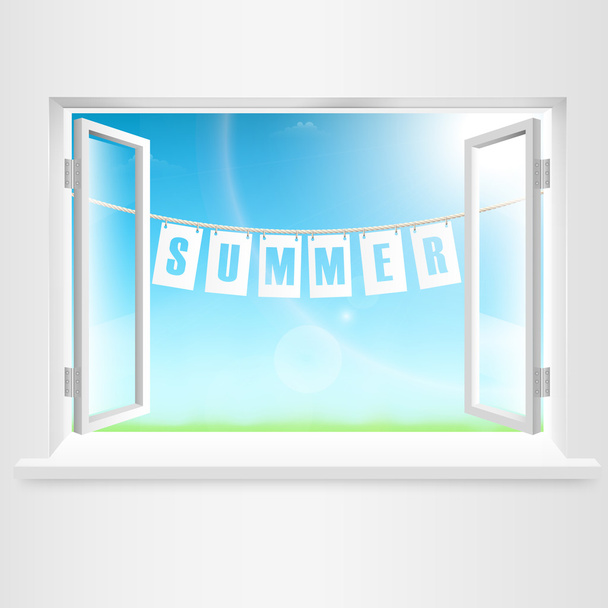 Banner de verano colgando de la ventana
. - Vector, Imagen