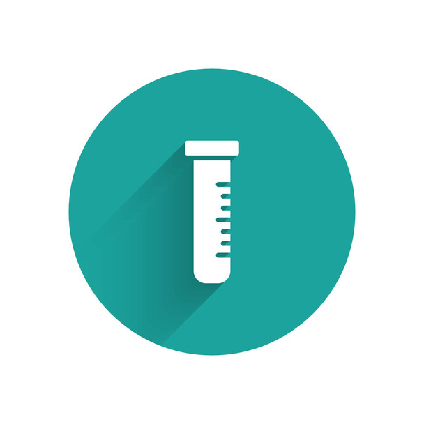 White Test tube and flask chemical laboratory test icon isolated with long shadow. Laboratory glassware sign. Green circle button. Vector. - Vektor, kép