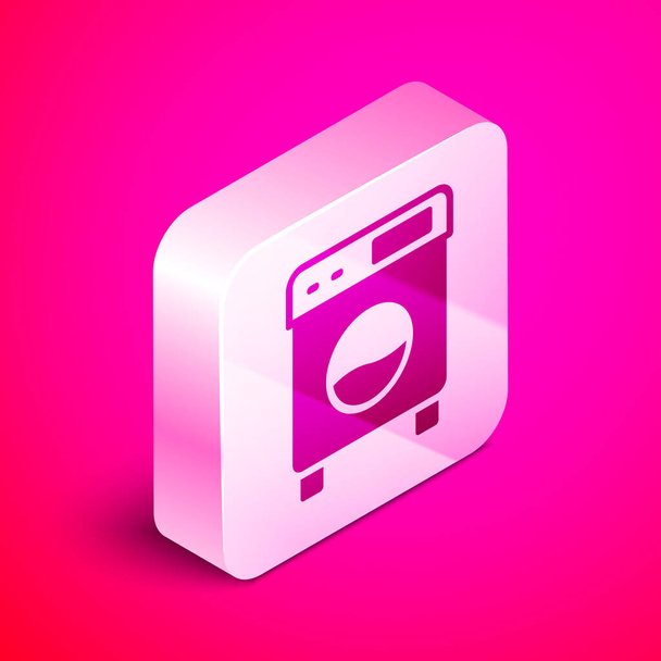 Isometric Washer icon isolated on pink background. Washing machine icon. Clothes washer - laundry machine. Home appliance symbol. Silver square button. Vector. - Vector, Image