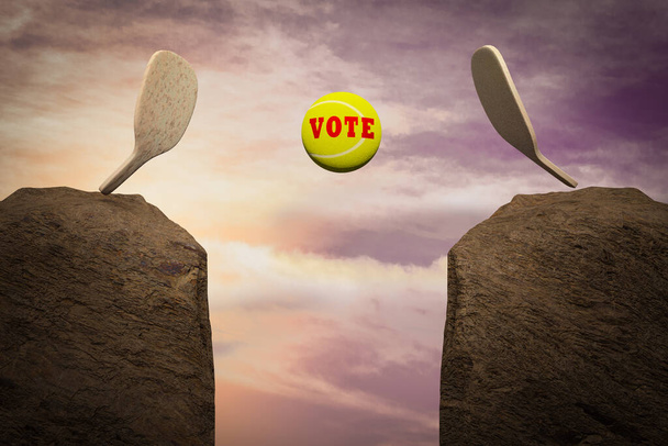 テニスラケットは選挙のリスクを示す2つの山の間のテニスボールの投票を打つ。3Dイラスト - 写真・画像
