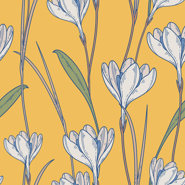 Seamless pattern with white crocuses - Διάνυσμα, εικόνα