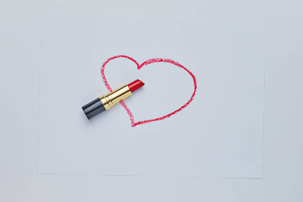 Red heart drawing by red lipstick on white - Photo, Image