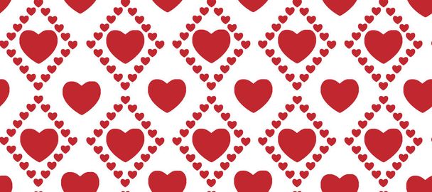 Beyaz zemin üzerinde kırmızı kalpler olan kusursuz bir desen. Aşk sembolü minimalist simetrik romantik kompozisyon. Kartpostal. - Fotoğraf, Görsel