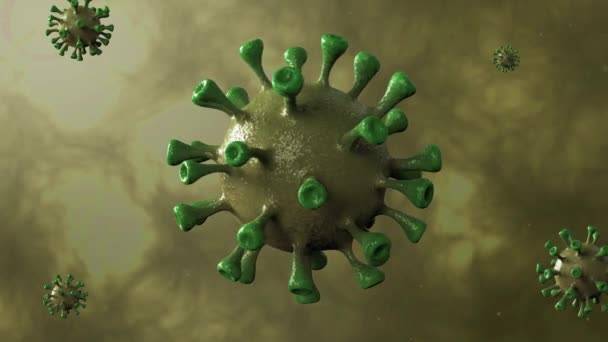 Corona Virus Yellow Rotation spinning in center Dinamikus háttérrel elszigetelt. Mikrobiológia és virológia koncepció Covid-19. Vírus zászló. Betegség és járvány. 3d render 4k hd videó kiváló minőségű. - Felvétel, videó