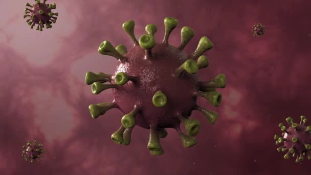 Corona Virus Red Περιστροφή κλώση στο κέντρο Απομονωμένη με Dinamic φόντο. Μικροβιολογία και Ιολογία Έννοια Covid-19. Πανό ιού. Ασθένεια και Επιδημία. 3D καθιστούν 4k hd βίντεο υψηλής ποιότητας. - Πλάνα, βίντεο