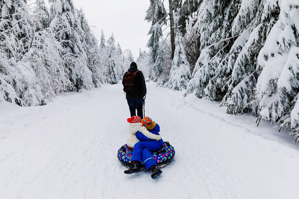 Mladý otec tahat malé batole dívka a školák kluk na sněhu trubice. Šťastné děti baví venku v zimě na barevné pneumatiky. Rodina, dcera, syn a muž kráčející zasněženým lesem, venku. - Fotografie, Obrázek