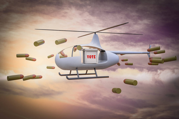 Ελικόπτερο φέρει κάλπη κυνηγημένη από σφαίρες που δείχνουν θέμα ψηφοφορίας. 3D απεικόνιση - Φωτογραφία, εικόνα