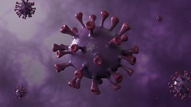 Corona Virus Violet περιστροφή περιστρέφεται στο κέντρο Απομονωμένο με Dinamic φόντο. Μικροβιολογία και Ιολογία Έννοια Covid-19. Πανό ιού. Ασθένεια και Επιδημία. 3D καθιστούν 4k hd βίντεο υψηλής ποιότητας. - Πλάνα, βίντεο