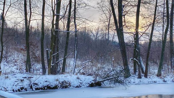 Zimowy krajobraz rzeka czuciowo  zamarznita pola i lasy w okolicach Wodawy pokrytej duo niego w zotej godzinie - Foto, Bild