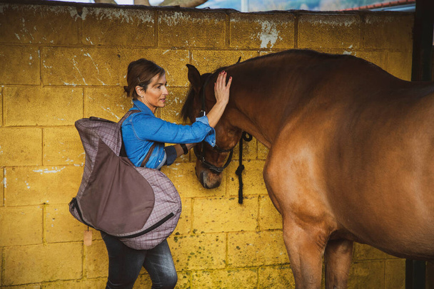 γυναίκα με σέλα να χαϊδεύει το καφέ της άλογο στο στάβλο - Φωτογραφία, εικόνα