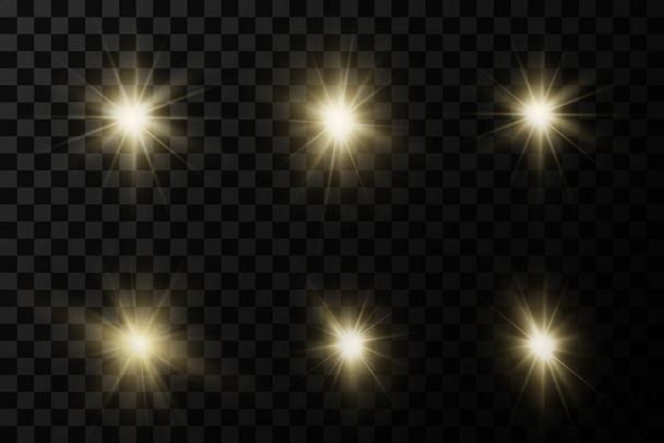 Estrellas doradas brillantes aisladas sobre fondo transparente. Efectos, deslumbramiento, líneas, brillo, explosión, luz dorada. Ilustración vectorial - Vector, imagen