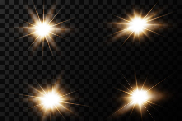 Splendenti stelle dorate isolate su sfondo trasparente. Effetti, riflessi, linee, brillantini, esplosioni, luce dorata. Illustrazione vettoriale - Vettoriali, immagini