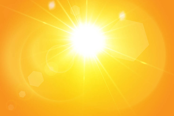  Sarı arka planda sıcak güneş. Leto.bliki güneş ışınları - Vektör, Görsel