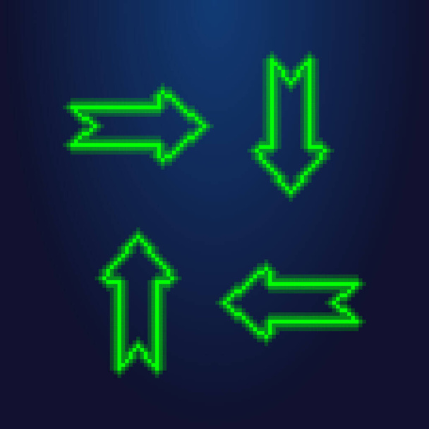Renkli basit vektör pikseli resim çizimi dört farklı yöne yöneltilmiş yeşil ışıklı ok kümesi - Vektör, Görsel
