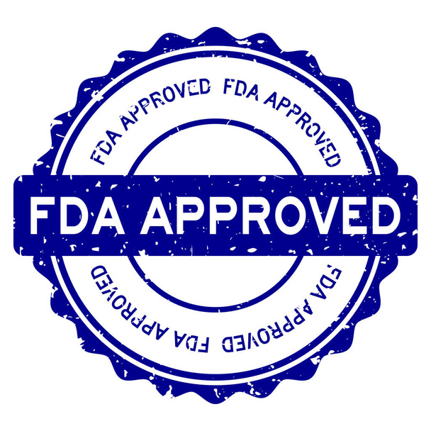 Grunge blue FDA (zkratka Food and Drug Administration) schválené slovo kulaté gumové razítko na bílém pozadí - Vektor, obrázek