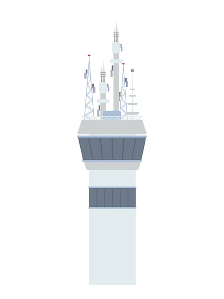 Komunikační budova pro letiště. Televizní věž. Věž s anténami. Izolované na bílém pozadí. Vektor. - Vektor, obrázek