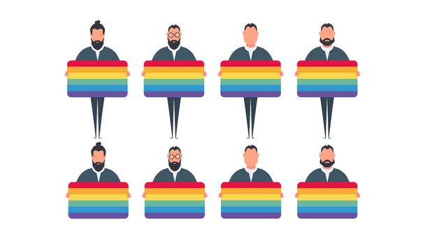 Egy férfi LMBT zászlóval. A fickó egy LMBT színű transzparenst tart. Vektor. - Vektor, kép