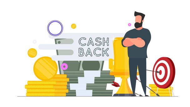 Businessman and a mountain of money. A man with gold coins and large dollar bills. Cashback lettering isolated on white background. Golden coins. Composition on the topic of money back. - Vector, Image