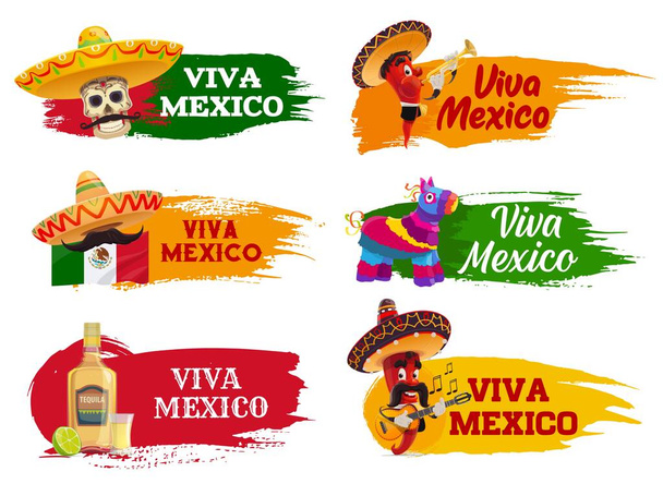Viva México aisló iconos con personajes de música de chile, sombrero y piñata mexicanos, bandera de México, tequila, bigote de mariachi y guitarra. Tarjeta de felicitación para fiestas y fiestas mexicanas - Vector, imagen