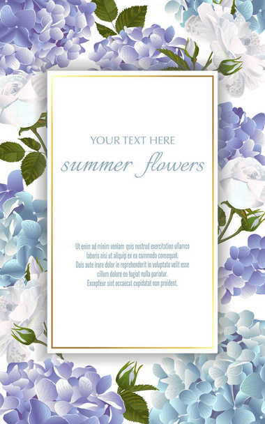 Template for greeting cards, wedding decorations, invitation,sales. Vector banner with Luxurious white roses and hydrangea flowers. Spring or summer design. - Вектор, зображення