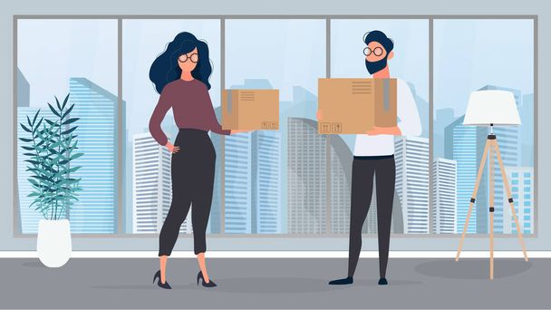 The guy and the girl are holding paper boxes in their hands - Vector, Image