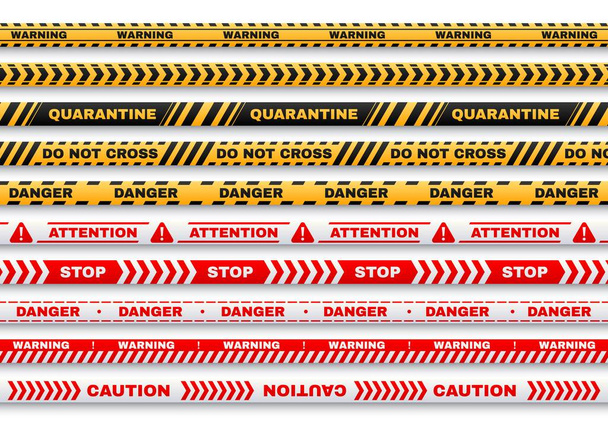 Security warning vector tapes with typography Quarantine, Caution, Do not cross, Stop, Danger for web, police, detective or criminal and law. Accident or murder place fencing, forbidden territory pass - Vector, Image