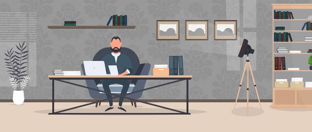 businessman in office interior with laptop - Vector, Image