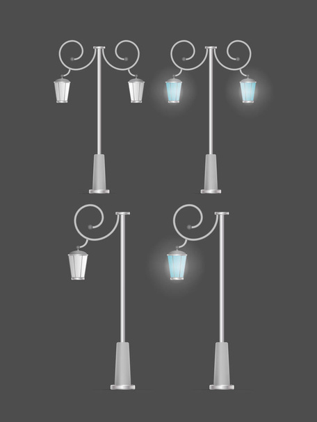 Set di lampioni realistici. Le lanterne metalliche brillano. Vettore. - Vettoriali, immagini