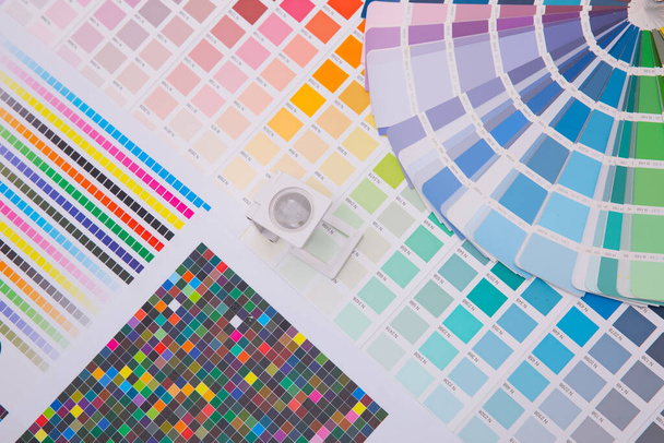Press color management. Cmyk stripe loupe and color palettes. Commercial printing. - Photo, Image
