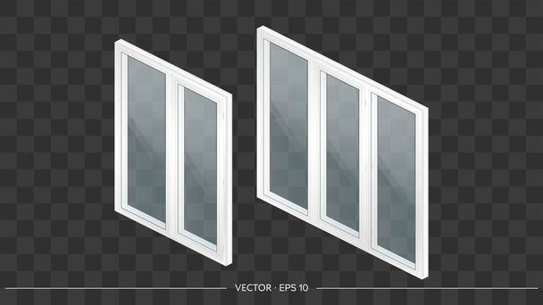 set metalen-kunststof ramen met transparante glazen in 3D. Modern venster in een realistische stijl. Isometrie, vectorillustratie. - Vector, afbeelding