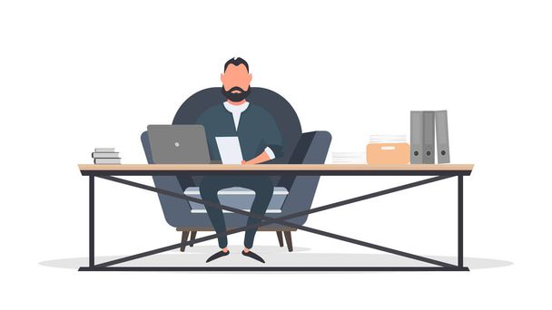 бизнесмен сидит за столом с ноутбуком  - Вектор,изображение