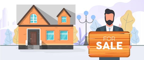 Haus zu verkaufen. Zu verkaufen Zeichen. Konzept zum Verkauf von Eigenheimen und Immobilien. - Vektor, Bild