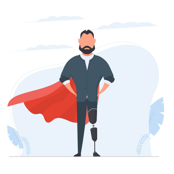 Ein Mann mit Beinprothese im Businessanzug und rotem Mantel. Kerl mit einem Beinimplantat. Das Konzept der menschlichen Erholung durch Robotisierung. Vektor. - Vektor, Bild