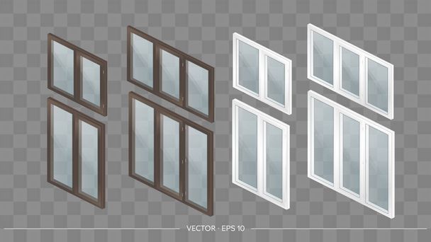 Set aus Metall-Kunststoff-Fenstern mit transparenten Gläsern in 3D. Modernes Fenster im realistischen Stil. Isometrie, Vektorillustration. - Vektor, Bild