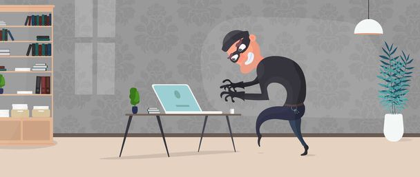 家の泥棒だ。強盗はノートパソコンからデータを盗む。安全コンセプト. - ベクター画像