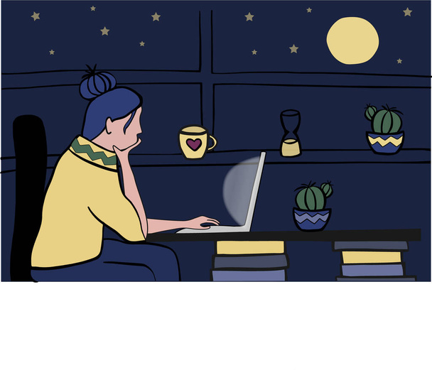 Young woman using laptop late in the evening at home against window with dark starry sky and bright yellow moon. Stay home or Working home concept. Lonely woman with laptop at night time. - Vector, Image