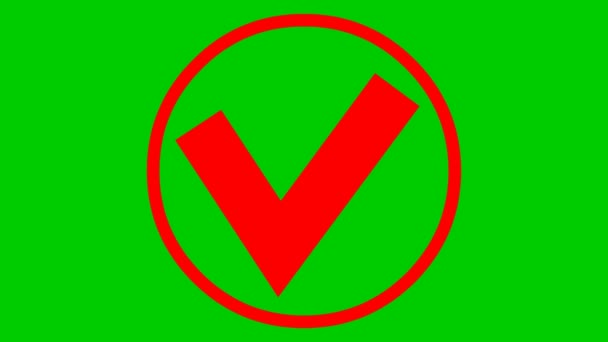 円形の赤いチェックマークがアニメーション表示されます。緑の背景に隔離されたフラットベクトルイラスト. - 映像、動画