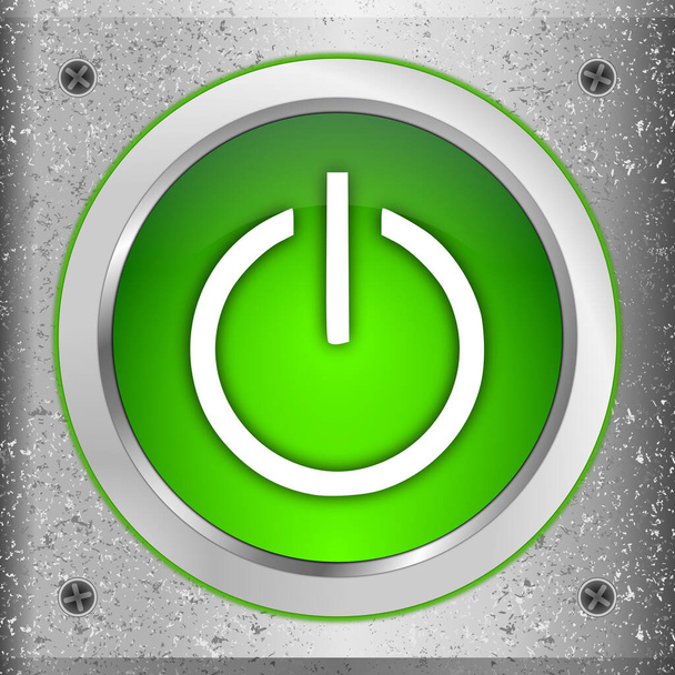 Botón de encendido en una placa de metal verde - Ilustración 3D - Foto, Imagen