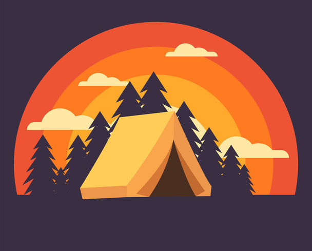 camping site on evening sunset vista vector drawings with pine trees and red sky - Vector, Image
