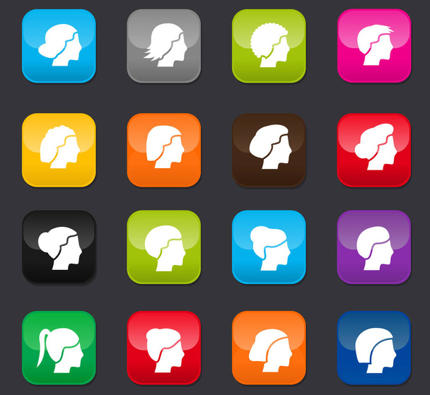 Womans hairstyles vector icons for user interface design. Colored buttons on a dark background - Vecteur, image