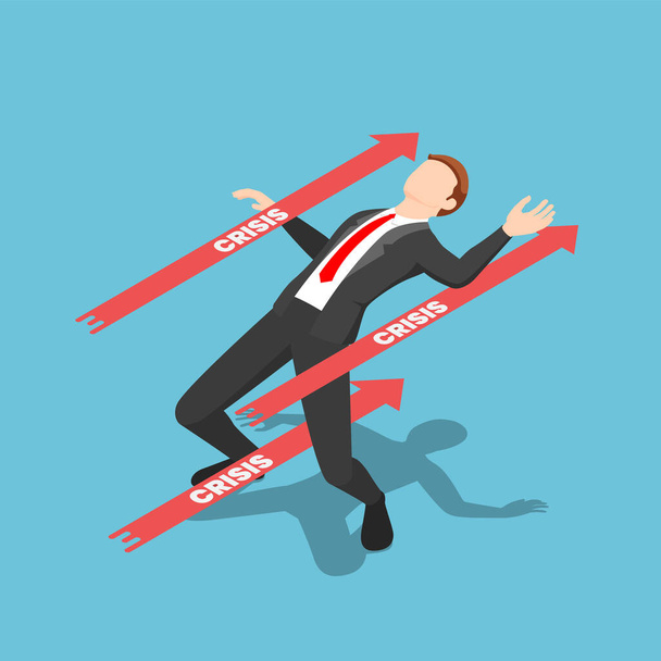 Flat 3d Isometric Businessman Avoided Red Crisis Arrow. Business Crisis Management Concept. - Vector, Image