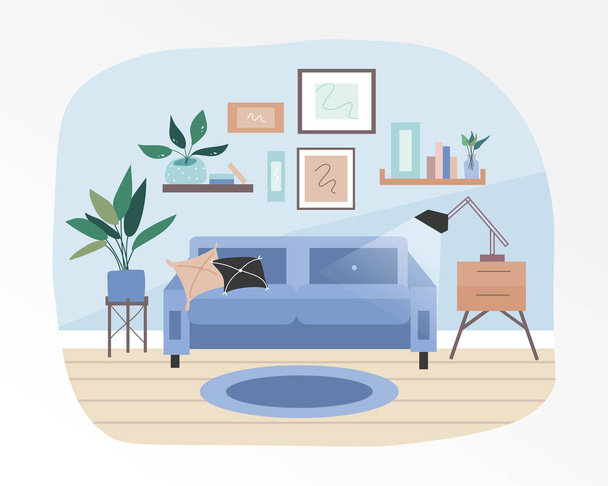Teplý a útulný interiér obývacího pokoje. Doplněno dekorativními rostlinami a malým nábytkem. Modré pastelové tóny. Plochá vektorová ilustrace. - Vektor, obrázek