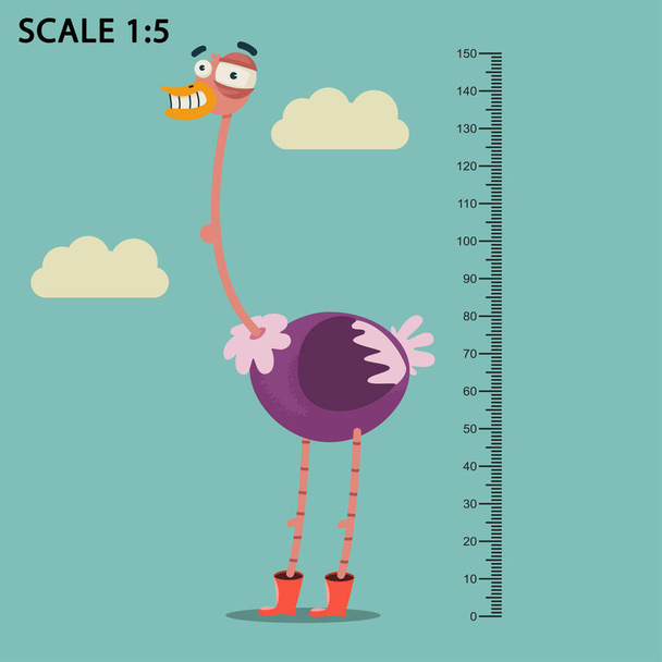Kids meter wall with a cute smiling cartoon ostrich and measuring ruler. Vector illustration of a bird isolated on a blue sky and white cloud background. - Vector, Image