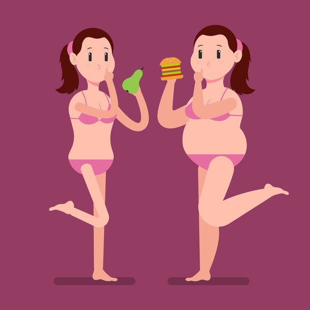 Tlustá a hubená holka v plavkách s hruškami a hamburgery. Vektorová kreslená žena postava izolované na pozadí. Nezdravé a zdravé potraviny, koncepce hubnutí ilustrace. - Vektor, obrázek