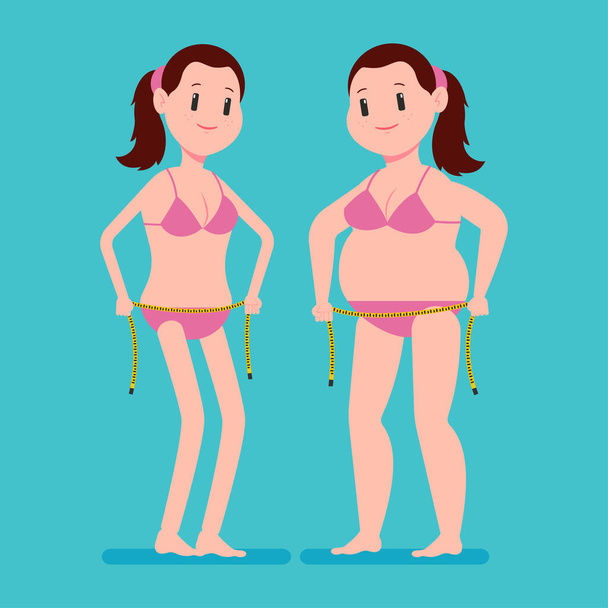 Fat and thin girl in a swimsuit with measuring tape. Vector cartoon woman character isolated on background. Weight loss concept illustration. - Vector, Image