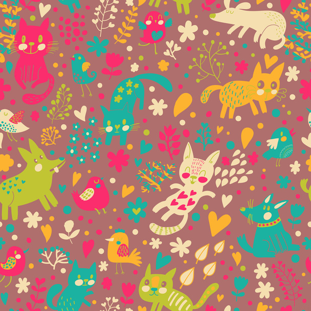 Bright childish seamless pattern with birds, cats and funny dogs - Vektori, kuva