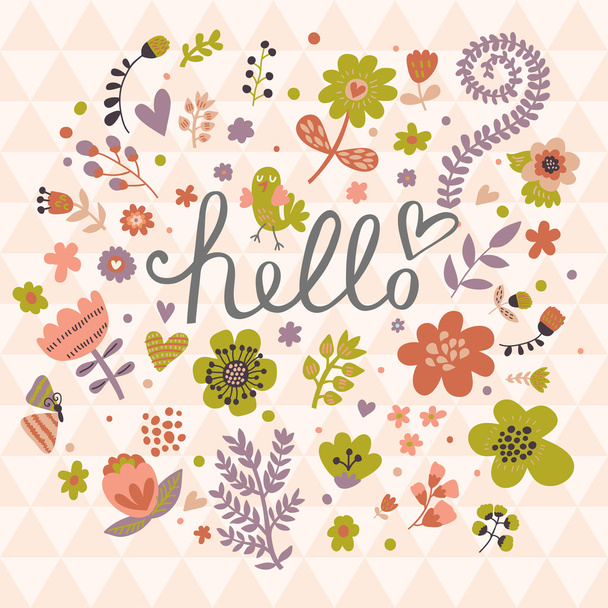 κομψό floral κάρτα από χαριτωμένα λουλούδια και πουλιά - Διάνυσμα, εικόνα